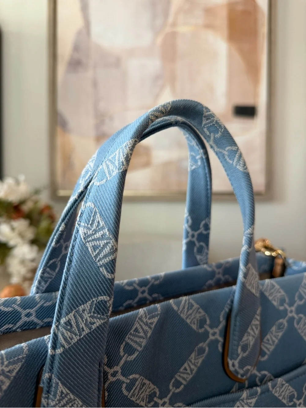 Michael Kors Light Blue Signature Canvas Tote with Tan Strap and wallet